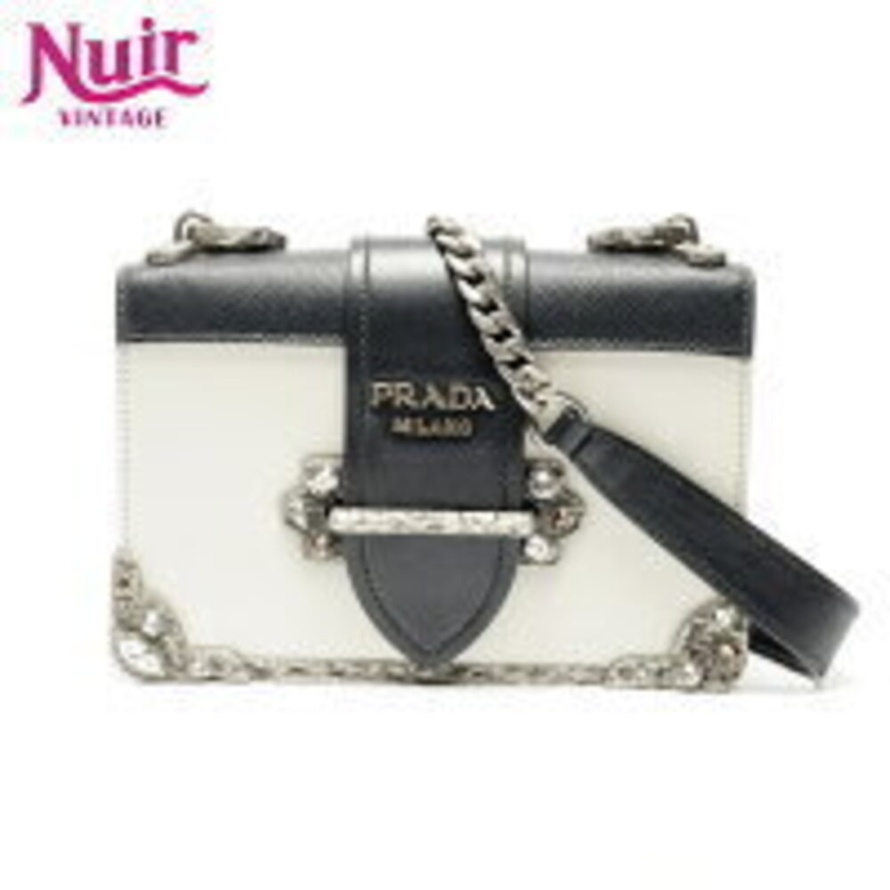 Prada Cahier Leather Shoulder Bag Black White